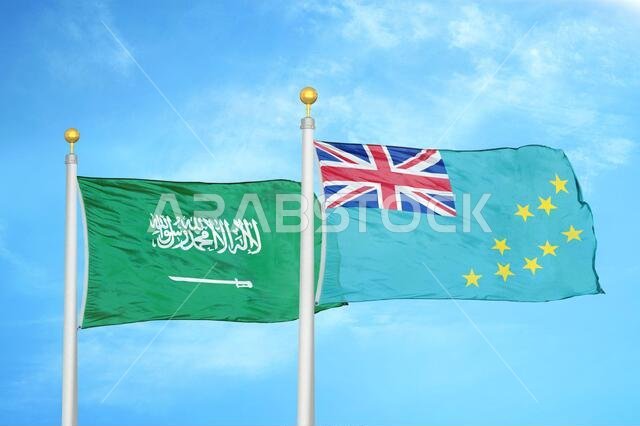 Saudi Arabia and Tuvalu two flags on flagpoles and blue cloudy sky
