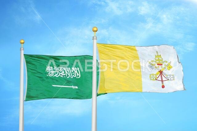 Saudi Arabia and Vatican two flags on flagpoles and blue cloudy sky