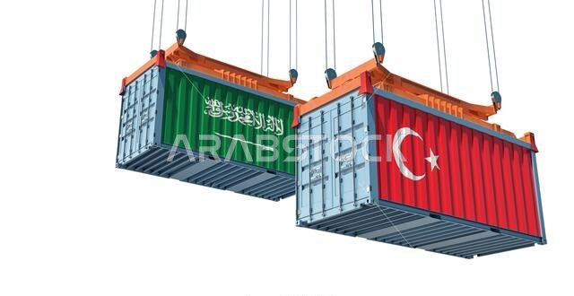 حاويات شحن تحمل أعلام تركيا والمملكة العربية السعودية. تصميم ثلاثي الأبعاد