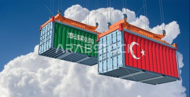 حاويات شحن تحمل أعلام تركيا والمملكة العربية السعودية. تصميم ثلاثي الأبعاد