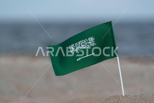 National flag of Saudi Arabia on sea background. Green flag with sword