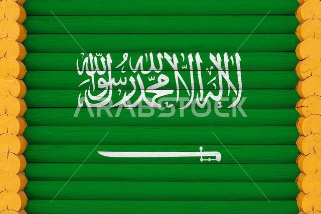 علم المملكة العربية السعودية على خلفية جدار خشبي. يرمز هذا العلم إلى الفخر الوطني ورمز للبلاد. أعلام مرسومة على منزل