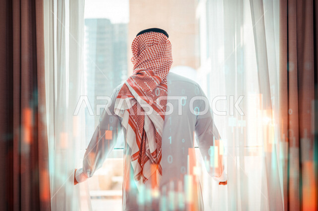 رجل عربي خليجي سعودي يقف امام النافذة، غرفة فندقية، النظر الى الخارج من خلال النافذة، إشراقة يوم جديد، مفهوم الهمة والنشاط، التخخطيط المستقبلي، الرؤية المستقبلية، سياحة وفندقة , رسومات هولوجرامية .