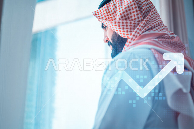 رجل عربي خليجي سعودي يقف امام النافذة، غرفة فندقية، النظر الى الخارج من خلال النافذة، إشراقة يوم جديد، مفهوم الهمة والنشاط، التخخطيط المستقبلي، الرؤية المستقبلية، سياحة وفندقة , رسومات هولوجرامية .