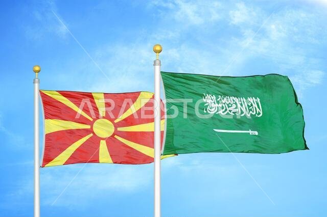 North Macedonia and Saudi Arabia two flags on flagpoles and blue sky
