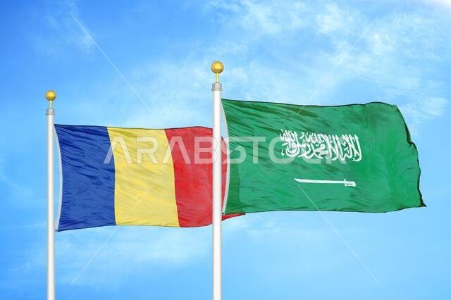 Romania and Saudi Arabia two flags on flagpoles and blue sky