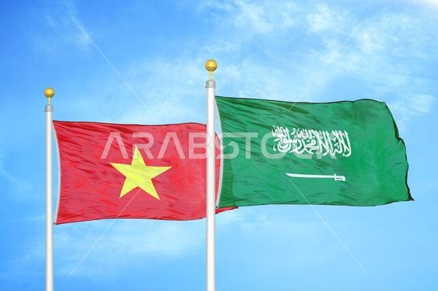 Vietnam and Saudi Arabia two flags on flagpoles and blue sky