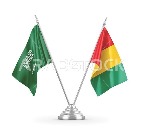 Guinea and Saudi Arabia table flags isolated on white background 3D rendering