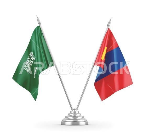 Mongolia and Saudi Arabia table flags isolated on white background 3D rendering