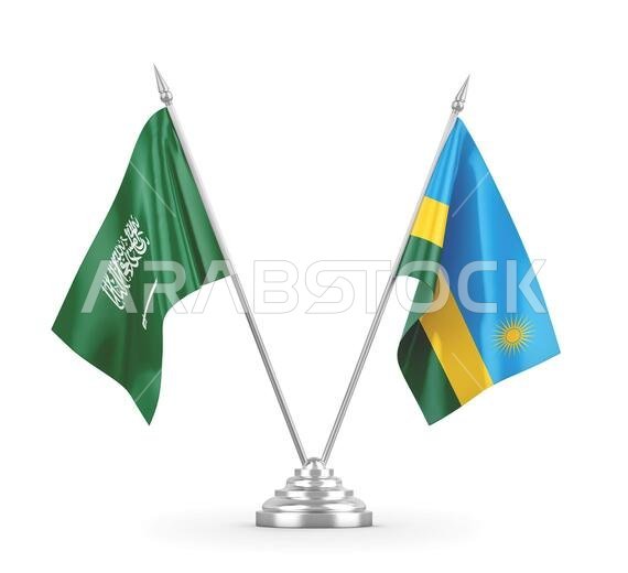 Rwanda and Saudi Arabia table flags isolated on white background 3D rendering