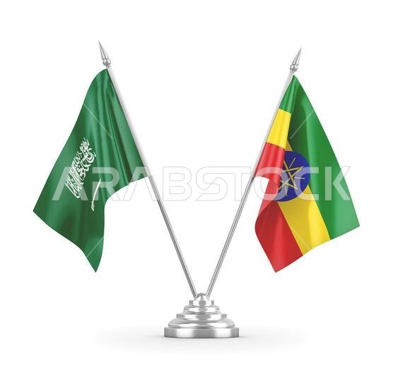 Ethiopia and Saudi Arabia table flags isolated on white background 3D rendering