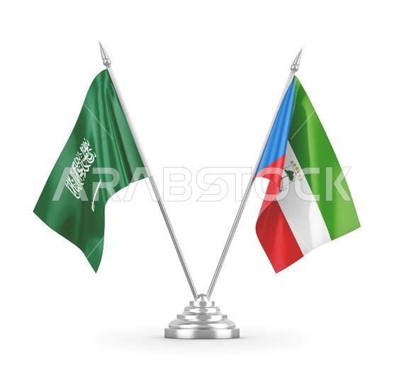 Equatorial Guinea and Saudi Arabia table flags isolated on white background 3D rendering