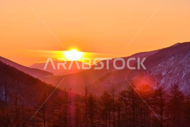 Sunset among the mountains on the road Lidoga-Vanino Khabarovsk territory