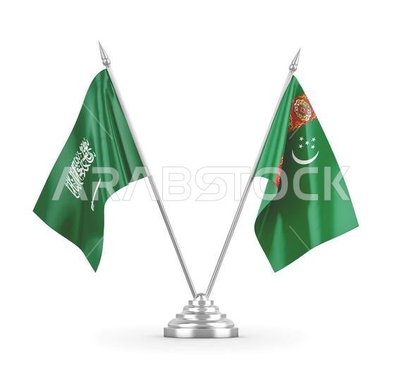 Turkmenistan and Saudi Arabia table flags isolated on white background 3D rendering