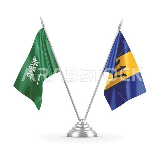 Barbados and Saudi Arabia table flags isolated on white background 3D rendering