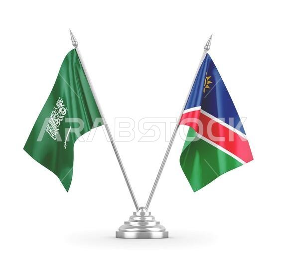 Namibia and Saudi Arabia table flags isolated on white background 3D rendering