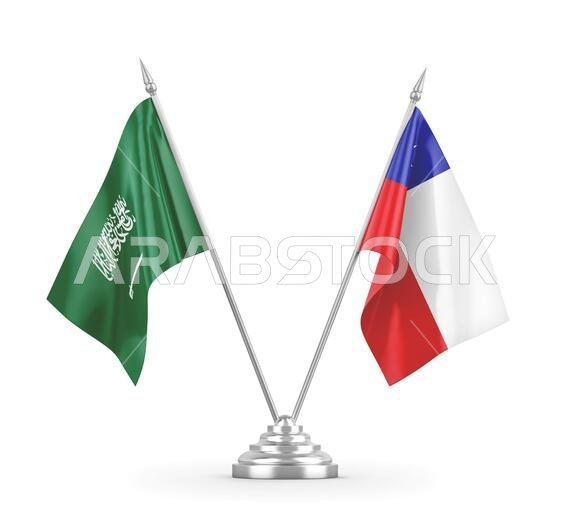 Chile and Saudi Arabia table flags isolated on white background 3D rendering