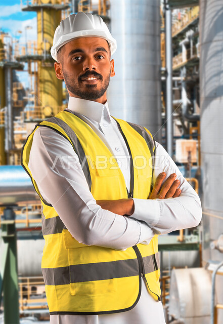 مهندس معماري عربي خليجي سعودي يرتدي قبعة وسترة الوقاية الخاصة بالعمل , يقف مكتف اليدين ، متابعة المشروع وتدقيق العمل ، الاشراف والرقابة على المشاريع الهندسية ، الهندسة المعمارية ، خلفية المشاريع الإنشائية .