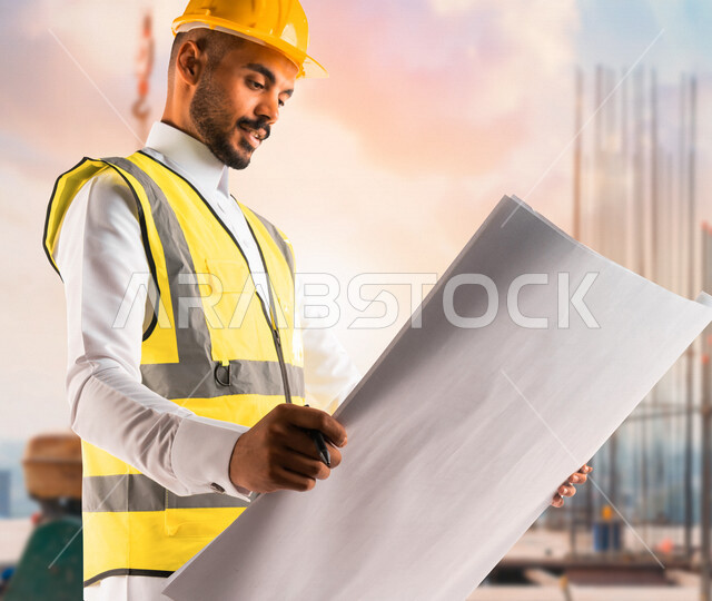 مهندس معماري عربي خليجي سعودي يرتدي قبعة وسترة الوقاية الخاصة بالعمل ، يحمل بيده مخطط البناء ، متابعة المشروع وتدقيق العمل ، الاشراف والرقابة على المشاريع الهندسية ، الهندسة المعمارية ، خلفية المشاريع الإنشائية .