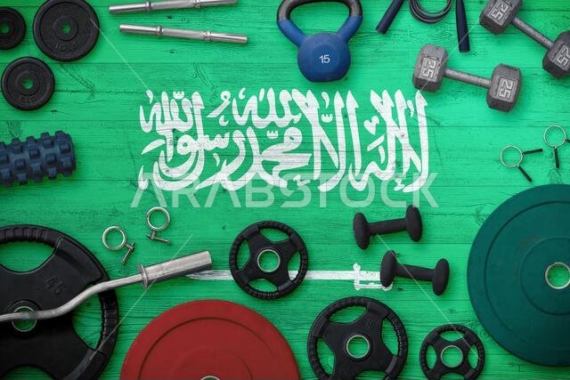 Saudi Arabia sports and fitness concept. Top view of heavy weight plates with iron bar on national background.