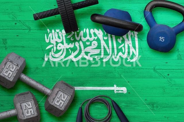 Saudi Arabia sports club concept. Top view of heavy weight plates with iron bar on national background.