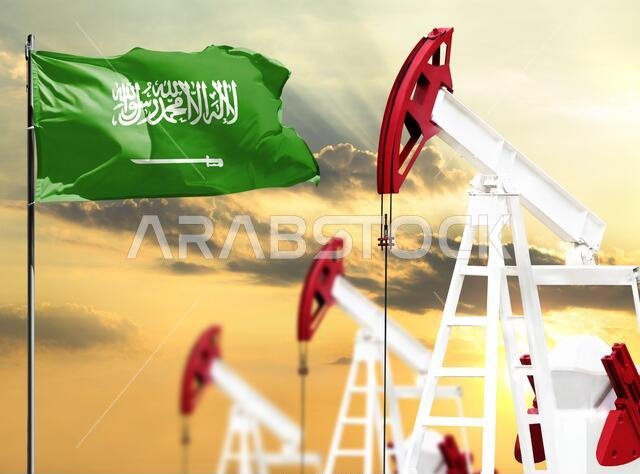 منصات نفطية على خلفية سماء ملونة وسارية علم عليها علم المملكة العربية السعودية. مفهوم إنتاج النفط والمعادن والتنمية