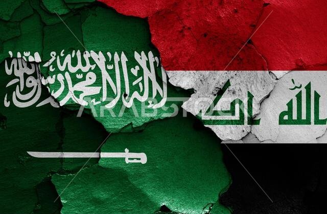 أعلام المملكة العربية السعودية والعراق مرسومة على جدار متصدع