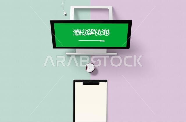 Saudi Arabia national flag on computer screen top view, cupcake and empty note paper for planning. Minimal concept with turquoise and purple backgroun