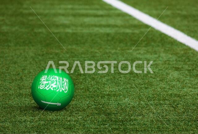علم المملكة العربية السعودية على كرة في ملعب كرة قدم. شعار كرة القدم الوطنية على العشب الأخضر. مفهوم المنافسة الرياضية.