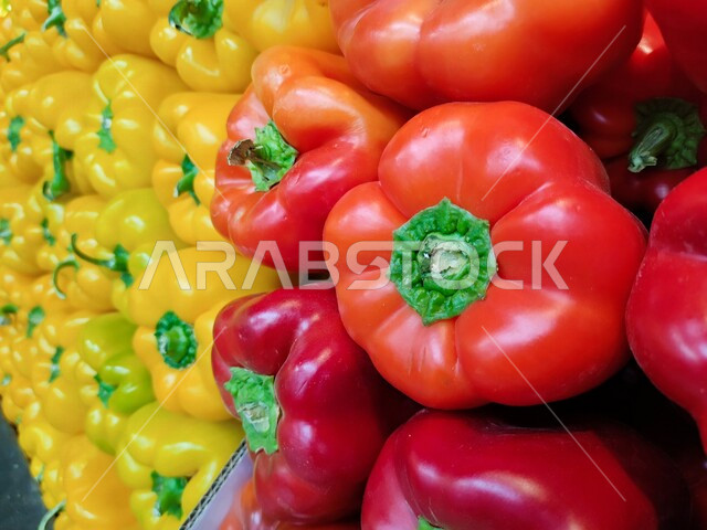 Close-up of colored bell pepper vegetables, pepper selling in a store, fruit and vegetable store, healthy food