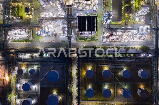 Aerial view oil and gas industrial, Refinery factory oil storage tank and pipeline steel at night