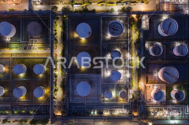 Aerial view oil and gas industrial, Refinery factory oil storage tank and pipeline steel