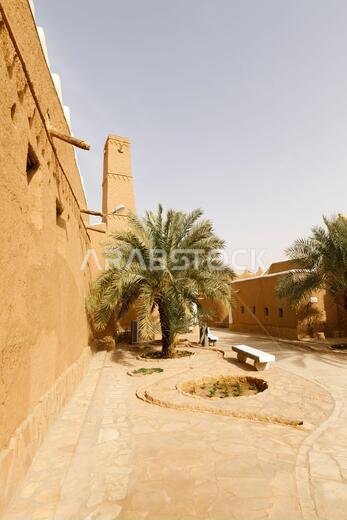 زقاق تصطف على جانبيه أشجار النخيل، ويضم منازل مُرممة في قرية شقراء التراثية بالمملكة العربية السعودية. وشقراء قرية تراثية مُرممة مبنية من الطين.