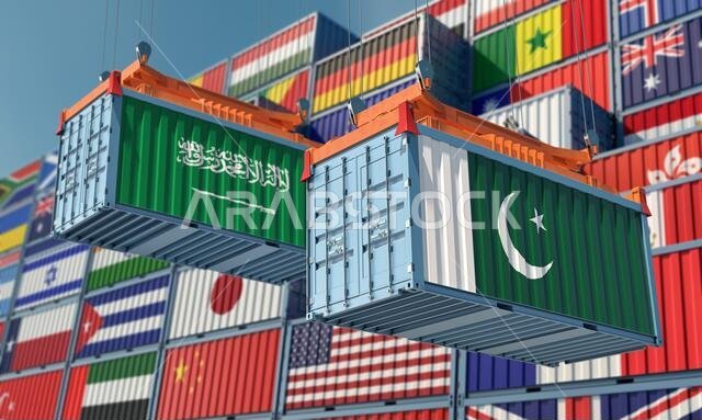 حاويات شحن تحمل علمي باكستان والمملكة العربية السعودية. تصميم ثلاثي الأبعاد