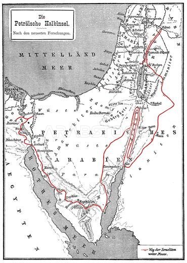 Map of the Arabian Peninsula, 19th century, journey of Moses to the Promised Land Map of the Arabian Peninsula, 19th century, journey of Moses to the Promised Land