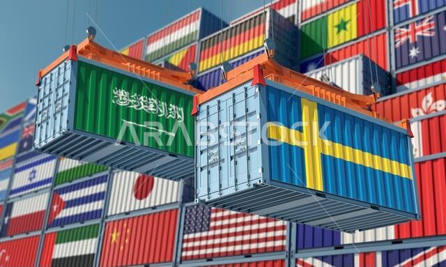 Freight containers with Sweden and Saudi Arabia flag. 3D Rendering