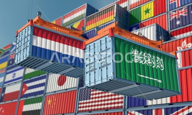 حاويات شحن تحمل علمي هولندا والمملكة العربية السعودية. تصميم ثلاثي الأبعاد