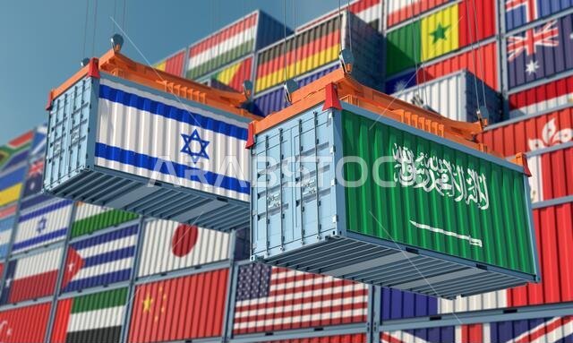 حاويات شحن تحمل علمي إسرائيل والسعودية. تصميم ثلاثي الأبعاد