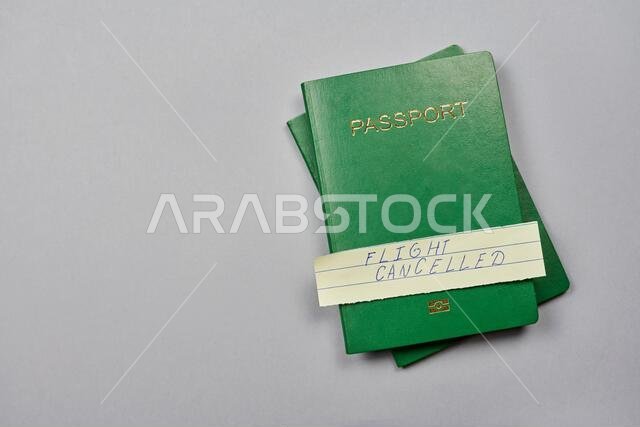 جواز سفر وملصق عليه عبارة: تم إلغاء الرحلة. مشاكل كوفيد-19 وفيروس كورونا. إلغاء الرحلات الجوية بسبب الجائحة.