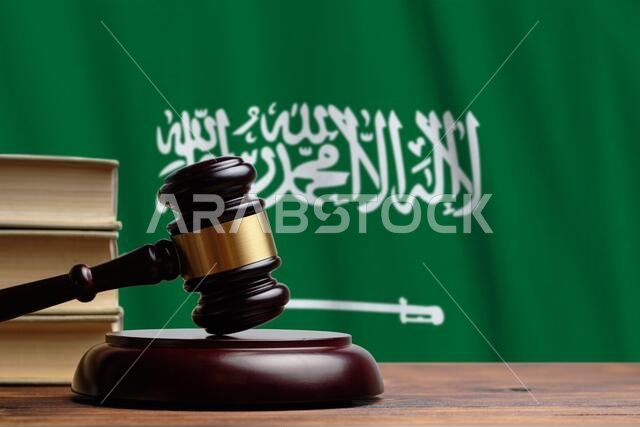 مفهوم العدالة والمحكمة في المملكة العربية السعودية. مطرقة القاضي على خلفية العلم.