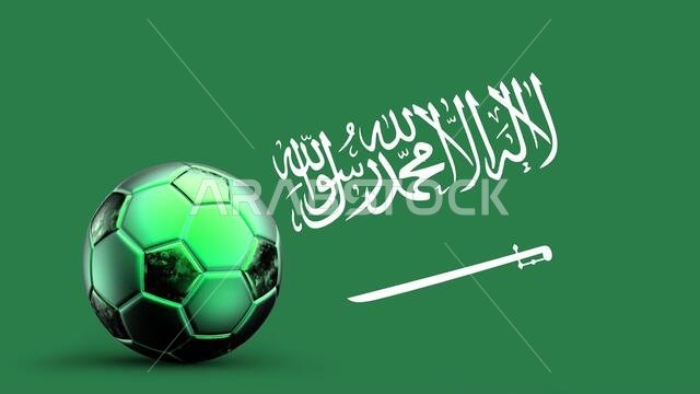 علم المملكة العربية السعودية مع كرة قدم معدنية، علم كرة القدم الوطني، كأس العالم لكرة القدم، كرة القدم الأوروبية، بطولة أمريكا وأفريقيا، ثلاثي الأبعاد
