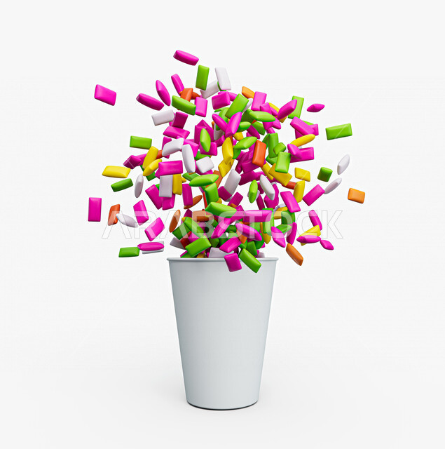 قطع سكاكر ثري دي, حلوى ملونه متطايره ثلاثية الأبعاد, قطع الحلاوه الشهيه, سكريات وحلويات, سكاكر, خلفيه بيضاء, موك اب