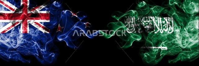 New Zealand vs Saudi Arabia, Arabian smoky mystic flags placed side by side. Thick colored silky abstract smoke flags