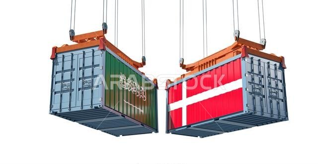 حاويات شحن تحمل علمي الدنمارك والمملكة العربية السعودية. تصميم ثلاثي الأبعاد