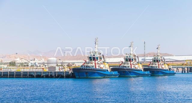 Tug boats are moored in Aqaba Port at sunny day, Jordan