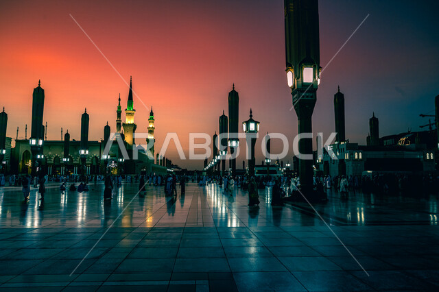 A creative picture of the courtyard of the Prophet's Mosque in Medina, Saudi Arabia at sunset, the Prophet's Mosque, worship and getting closer to God, religious landmarks in Saudi Arabia, Islamism and worship