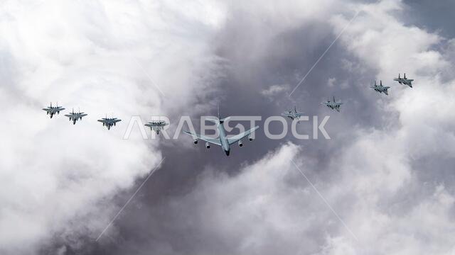 A U.S. Air Force KC-135 Stratotanker, U.S. Air Force F-15C Eagles, F-15E Strike Eagles, and Royal Saudi Air Force F-15SAs fly over Saudi Arabia while participating in a large formation exercise, Sept. 10, 2020.  AFCENT continues to build and strengthen our regional partners by training alongside one another, integrating capabilities and increasing interoperability to project agile combat employment from established and austere locations throughout the U.S. Central Command area of responsibility 