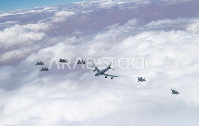 A U.S. Air Force KC-135 Stratotanker, U.S. Air Force F-15C Eagles, F-15E Strike Eagles, and Royal Saudi Air Force F-15SAs fly over Saudi Arabia while participating in a large formation exercise, Sept. 10, 2020.  AFCENT continues to build and strengthen our regional partners by training alongside one another, integrating capabilities and increasing interoperability to project agile combat employment from established and austere locations throughout the U.S. Central Command area of responsibility 