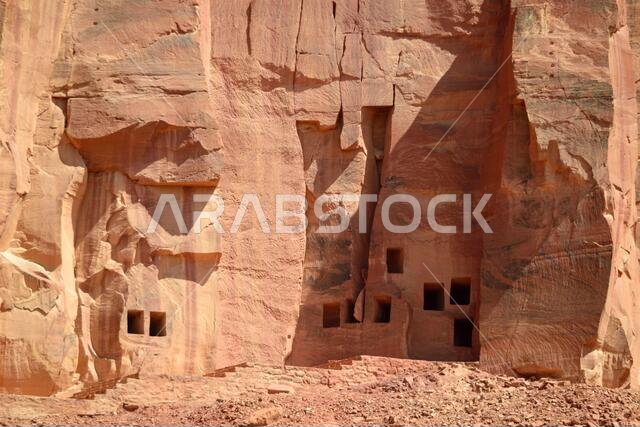 Lion tombs in the rocks of al-Khuraybah, Dedan, Al Madinah Province, Alula, Saudi Arabia