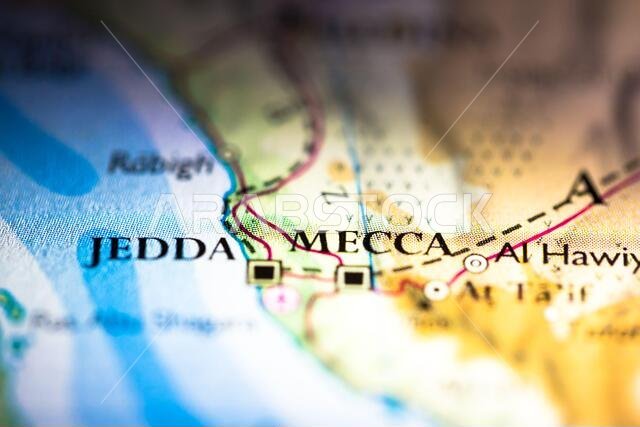 تركيز عمق المجال الضحل على الموقع الجغرافي لمدينة مكة المكرمة في المملكة العربية السعودية وقارة آسيا على الأطلس